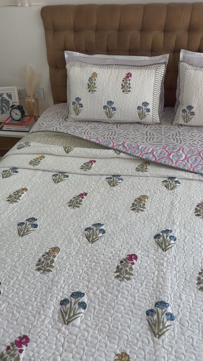 Blue Pansy Floral Quilted Bedcover Super King 108 X 108 