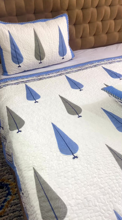 Blue Pine Tree Hand Block King Size Quilted Bedcover