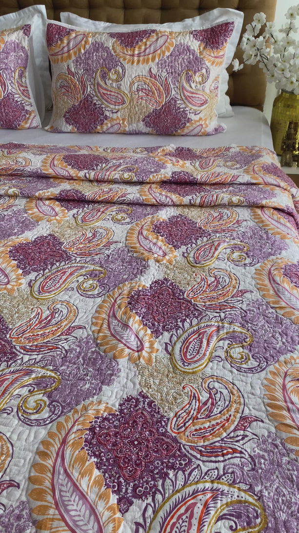 Luxury Quality Pink Purple Floral Quilted Bedcover King Size