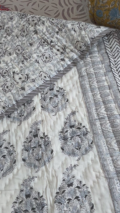 Elegant White Paisley Jaipuri Hand Block Cotton Quilt for Single Bed