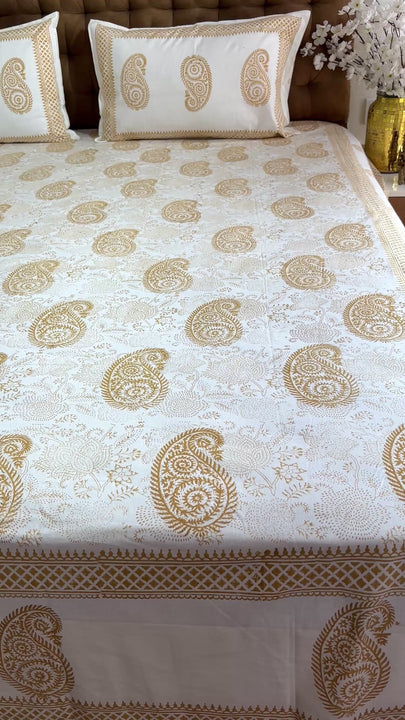 King Size Jaipuri Cotton Mustard Yellow Paisley Bedsheet For Double Bed