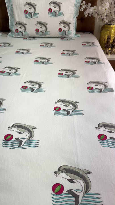 Jaipuri Cotton  Blue-Grey Dolphin Bedsheet King Size 