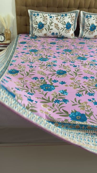 King Size Jaipuri Cotton Pink With Blue Floral Bedsheet