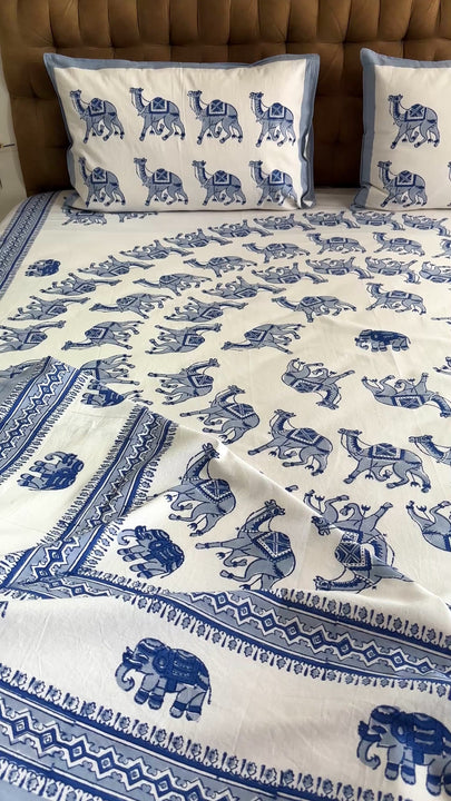 Jaipuri Cotton Greyish Blue Camel Bedsheet King Size