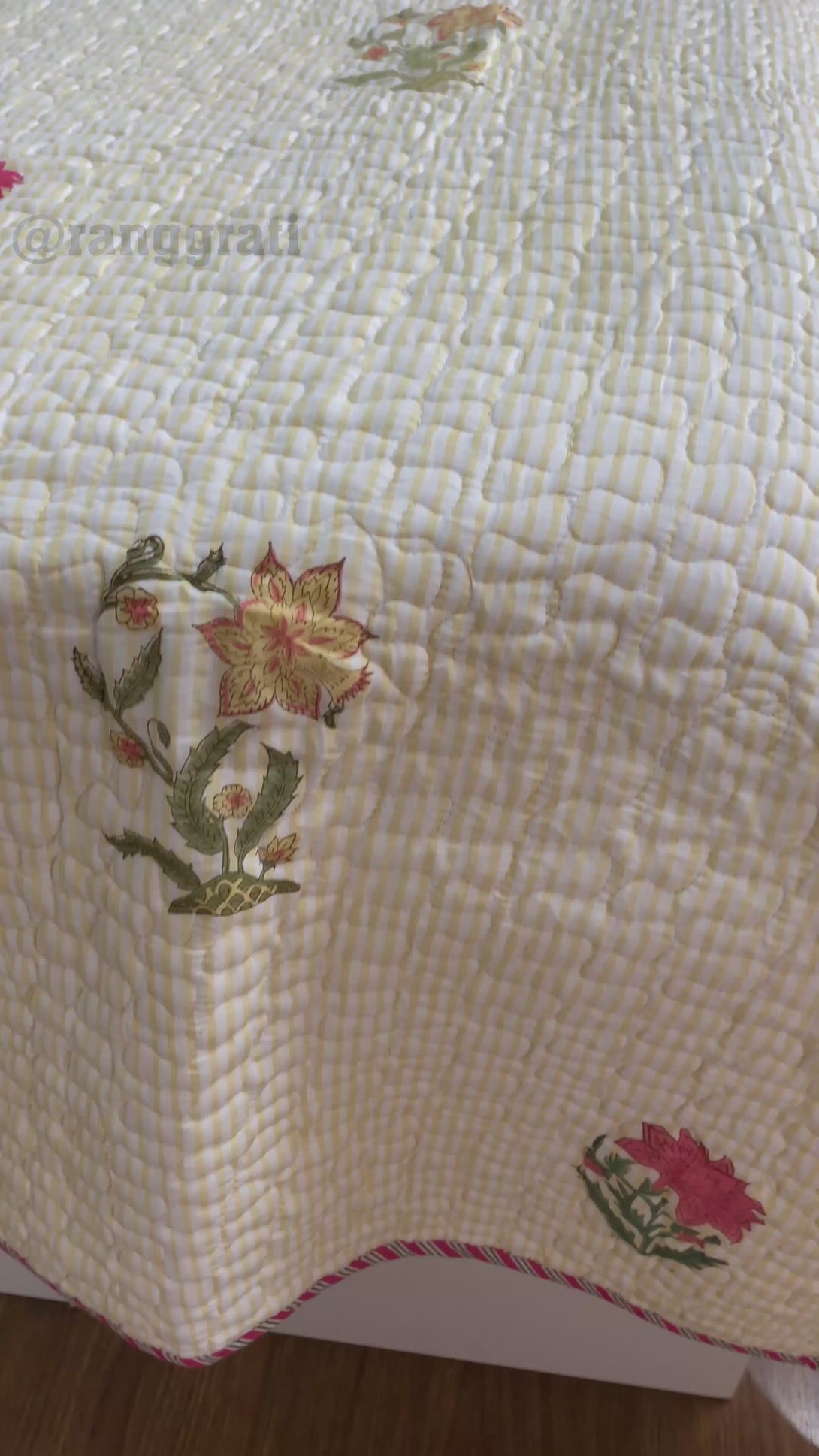 Yellow Pink Floral Quilted Bedcover Super King 108 X 108 Mulmul Cotton