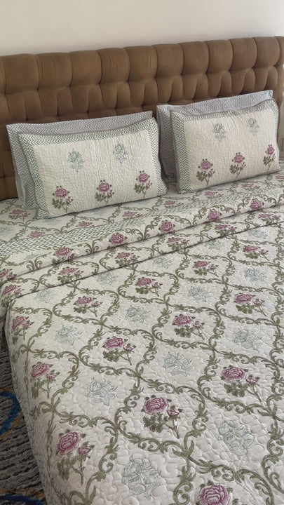 Pink Rose King Size Bedsheet With Matching Quilted Bedcover Set
