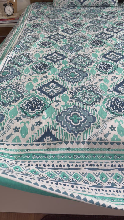 King Size Teal-Blue Geometric Jaipuri Cotton Bedsheet 