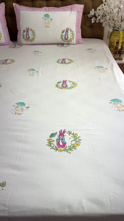 King Size Jaipuri Cotton Pink Animal Bedsheet  For Double Bed