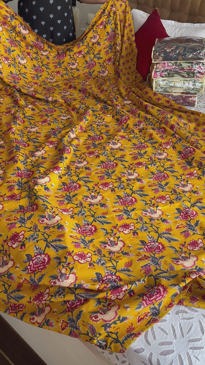 Yellow-Red Floral Dohar For Double Bed