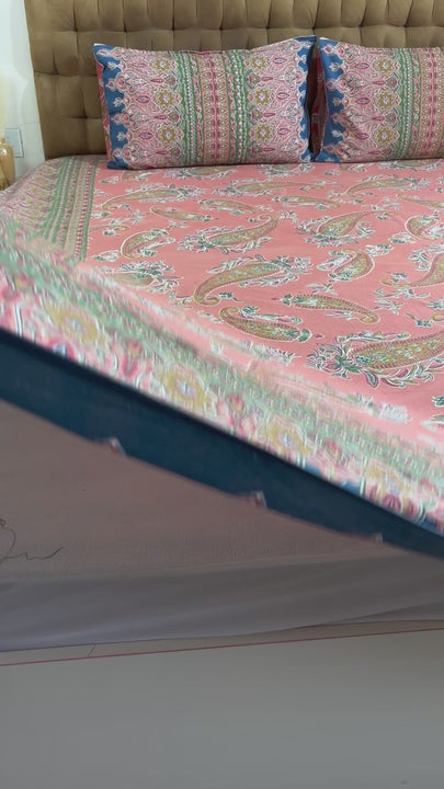 King Size Jaipuri Cotton Salmon Paisley Bedsheet