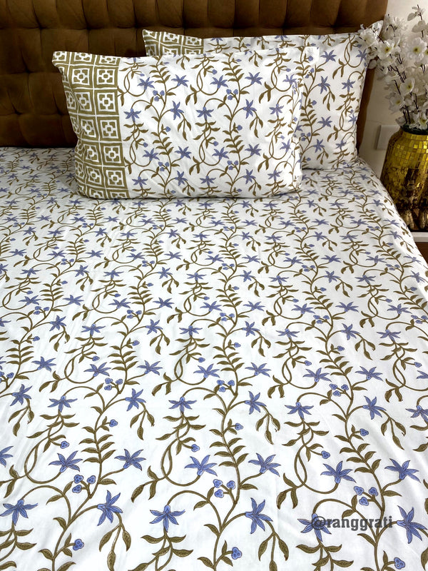 Purple Jaal Floral Super King Size 250 TC Bedsheet Cotton Hand Block