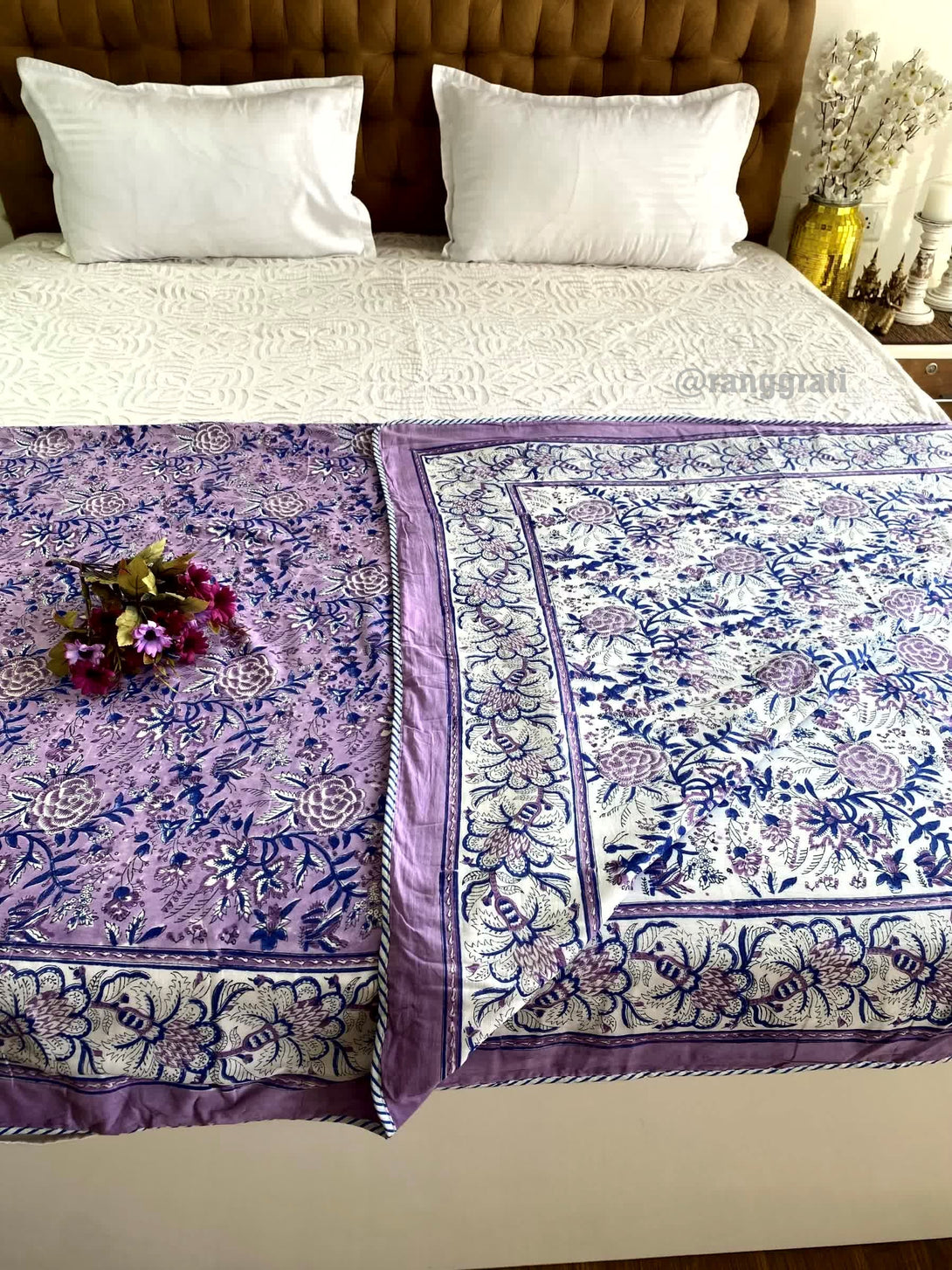 Purple Floral Double Dohar For Double Bed In Mulmul Cotton - Dohar
