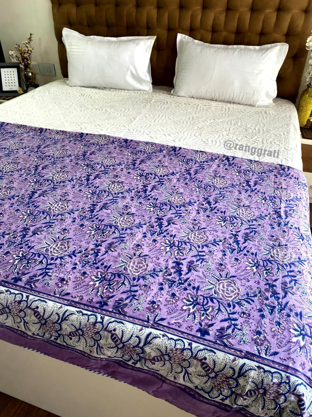 Purple Floral Double Dohar For Double Bed In Mulmul Cotton - Dohar