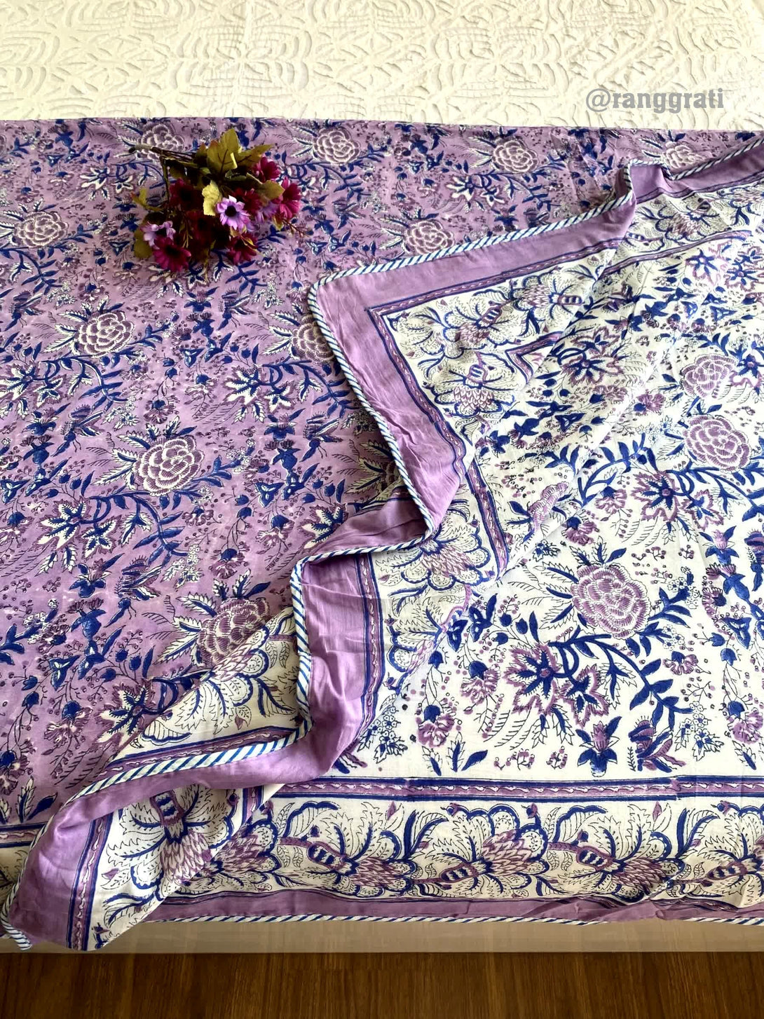 Purple Floral Double Dohar For Double Bed In Mulmul Cotton - Dohar