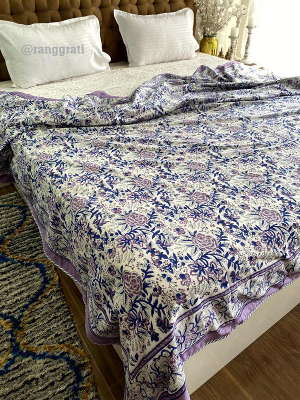 Purple Floral Double Dohar For Double Bed In Mulmul Cotton - Dohar