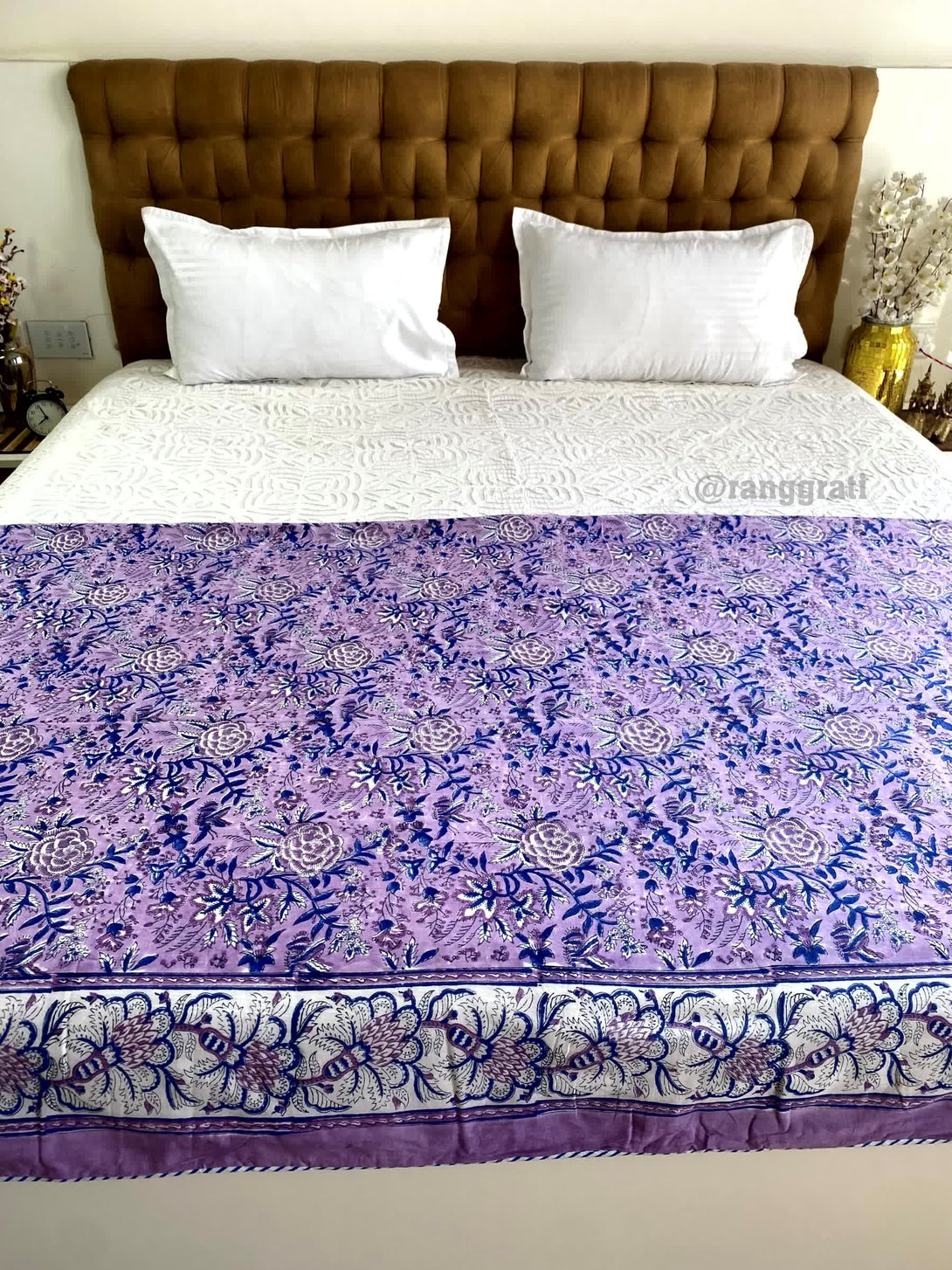 Purple Floral Double Dohar For Double Bed In Mulmul Cotton - Dohar