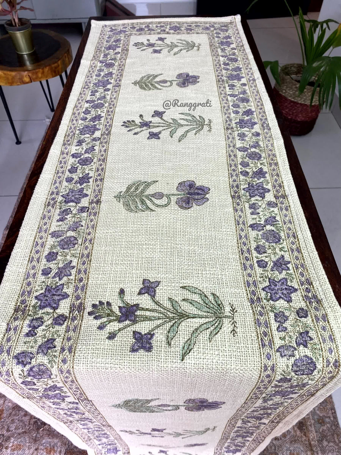 Purple Floral Jute Cotton Table Runner For 6 Seater Dining Table - Table Runner