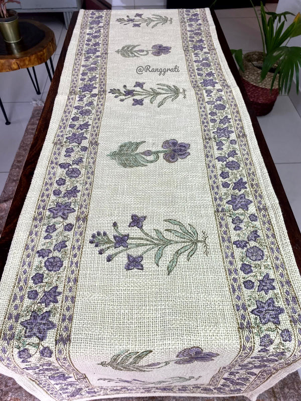 Purple Floral Jute Cotton Table Runner For 6 Seater Dining Table - Table Runner