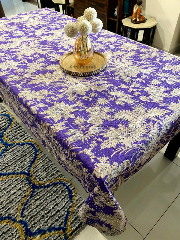 Purple Floral Table Cover Cloth 6 Seater Dining Table Kantha Rectangular