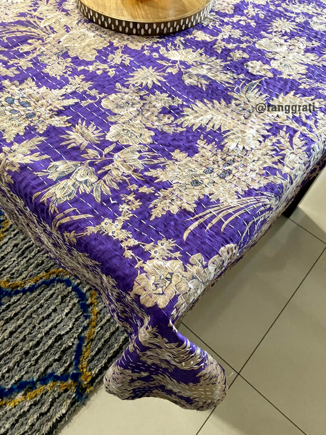 6 Seater Purple Floral Kantha Table Cover Cloth Dining Table
