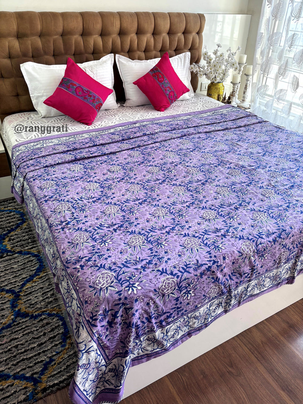 Purple Floral Double Dohar For Double Bed In Mulmul Cotton
