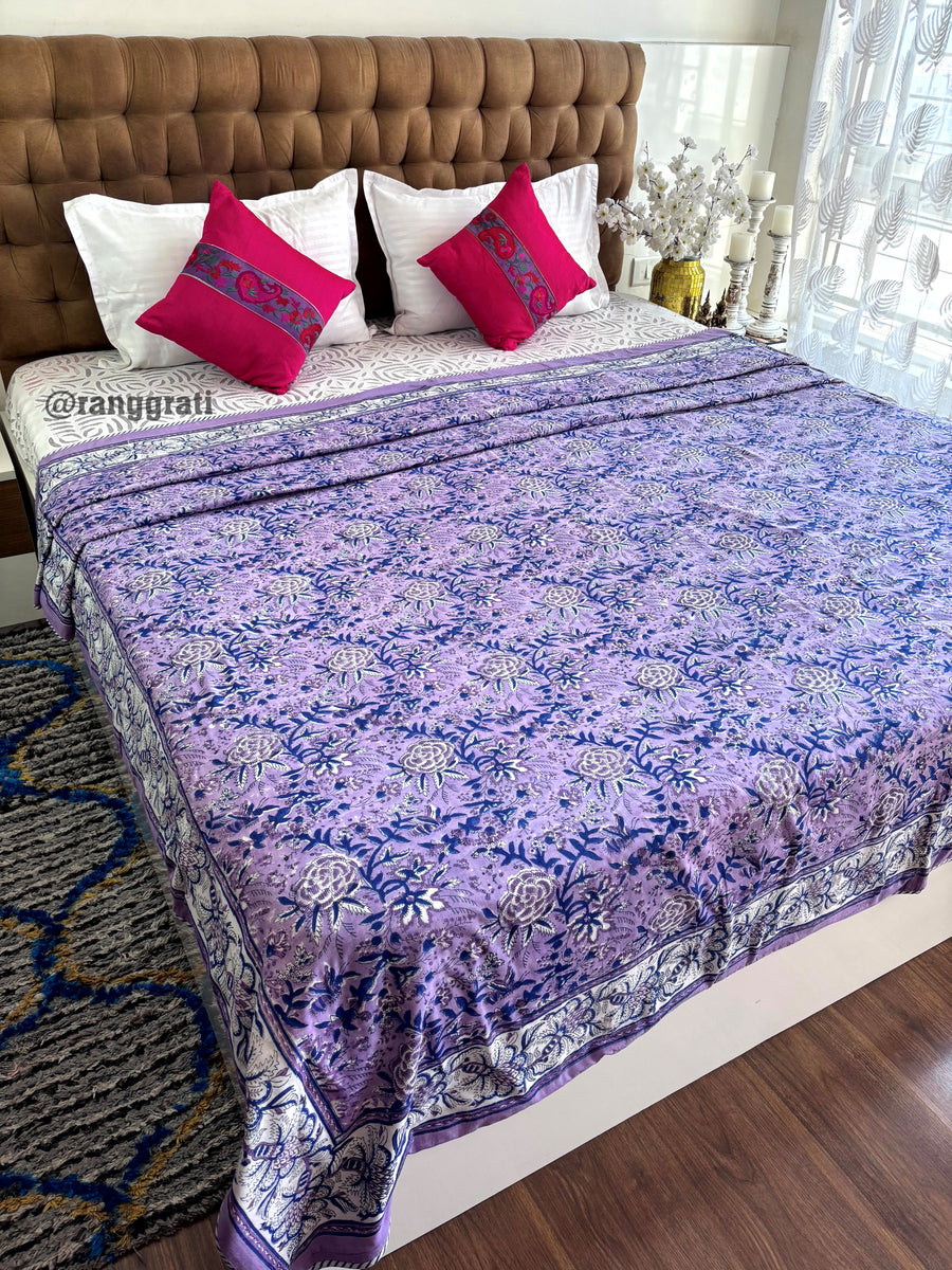 Purple Floral Double Dohar For Double Bed In Mulmul Cotton