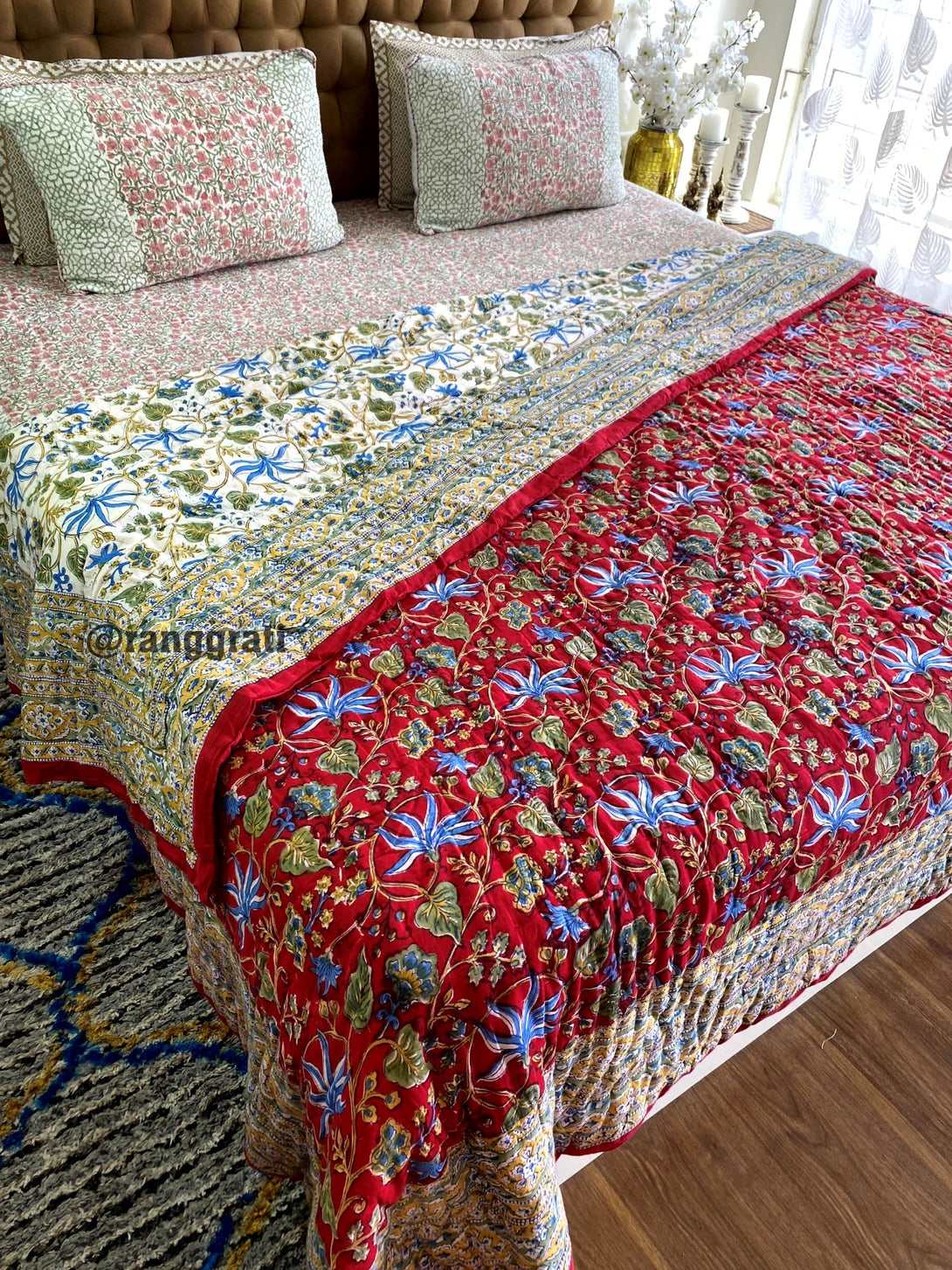 Red Blue Floral Double Razai / Quilt Cotton Hand Block Jaipuri - Bedding Set