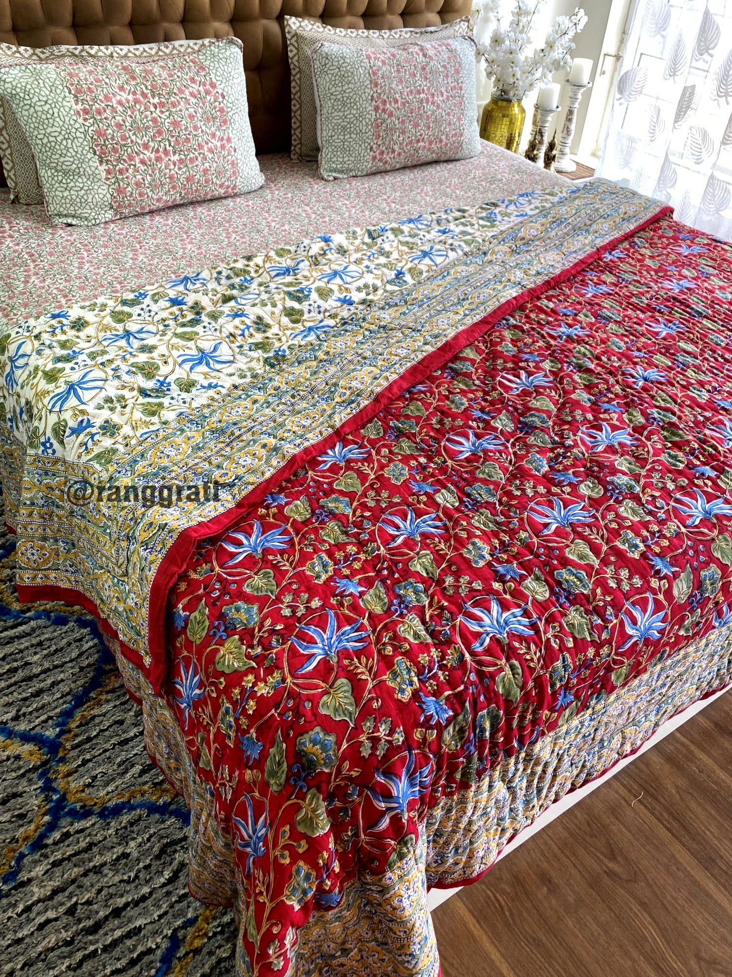 Red Blue Floral Double Razai / Quilt Cotton Hand Block Jaipuri - Bedding Set