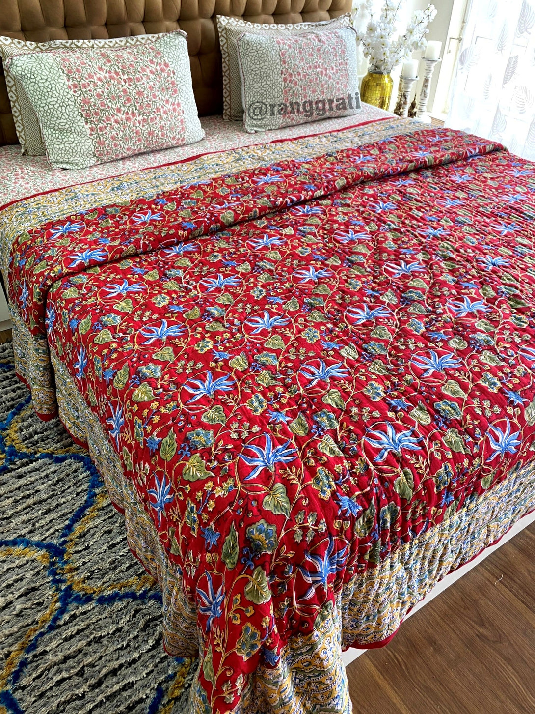 Red Blue Floral Double Razai / Quilt Cotton Hand Block Jaipuri - Bedding Set