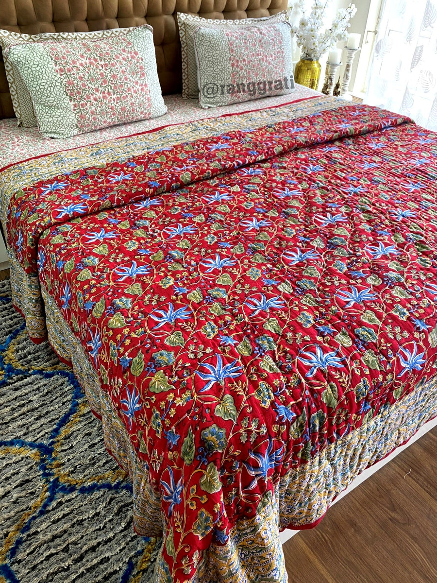 Red Blue Floral Double Razai / Quilt Cotton Hand Block Jaipuri