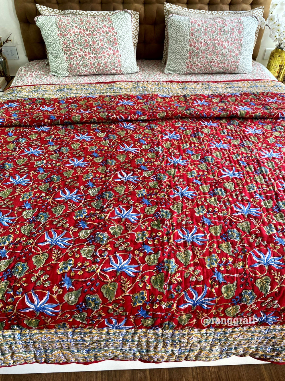 Red Blue Floral Double Razai / Quilt Cotton Hand Block Jaipuri - Bedding Set