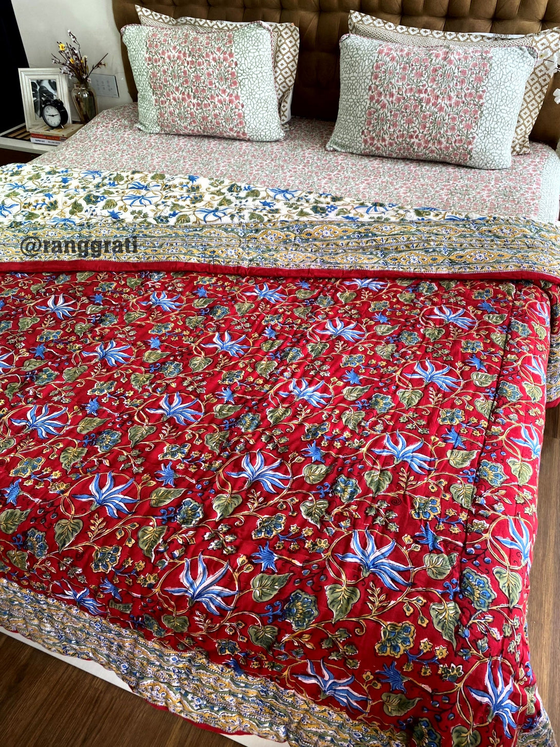 Red Blue Floral Double Razai / Quilt Cotton Hand Block Jaipuri - Bedding Set