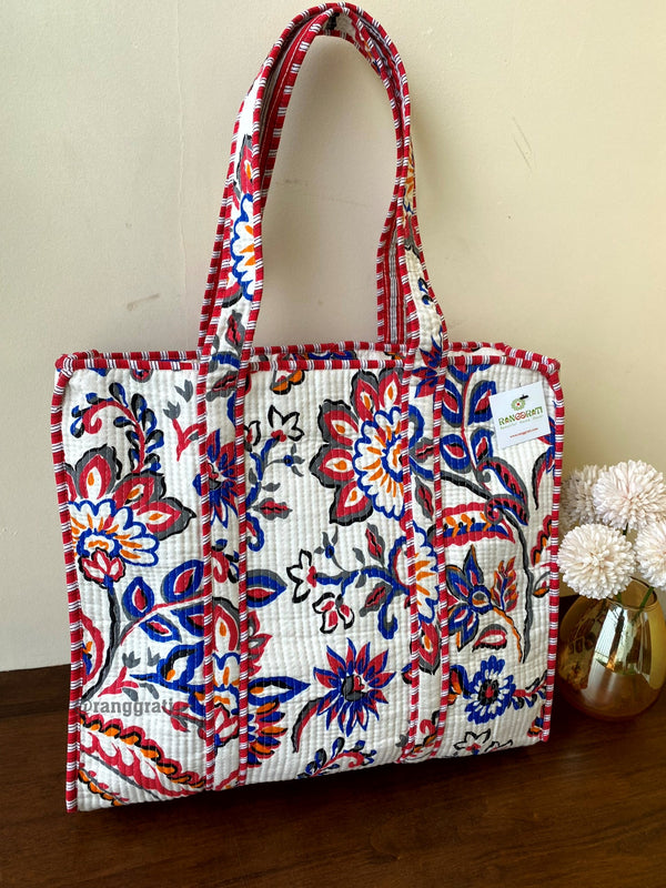 Red Blue Floral Tote Bag Quilted Hand Block Printed In Cotton With Zip