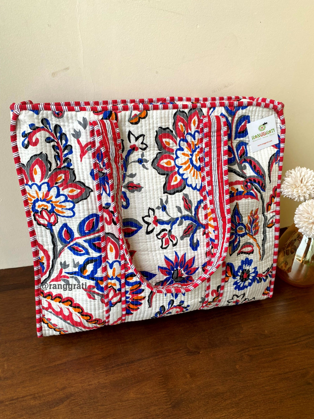 Red Blue Floral Tote Bag Quilted