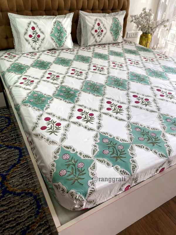 Red Floral Cotton Elastic Fitted Bedsheet King Size Hand Block - Bedsheet