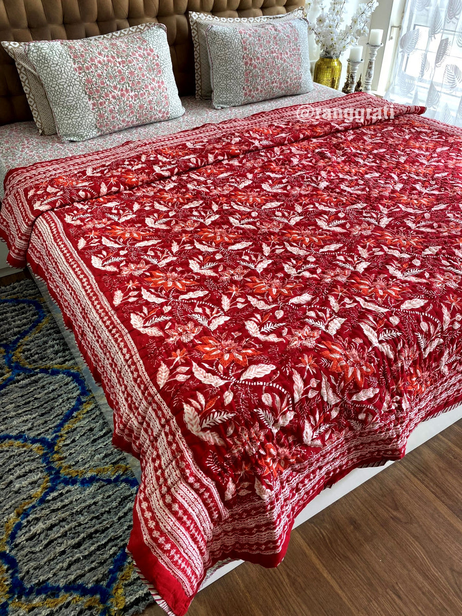 Red Floral Double Razai / Quilt Cotton Hand Block Jaipuri