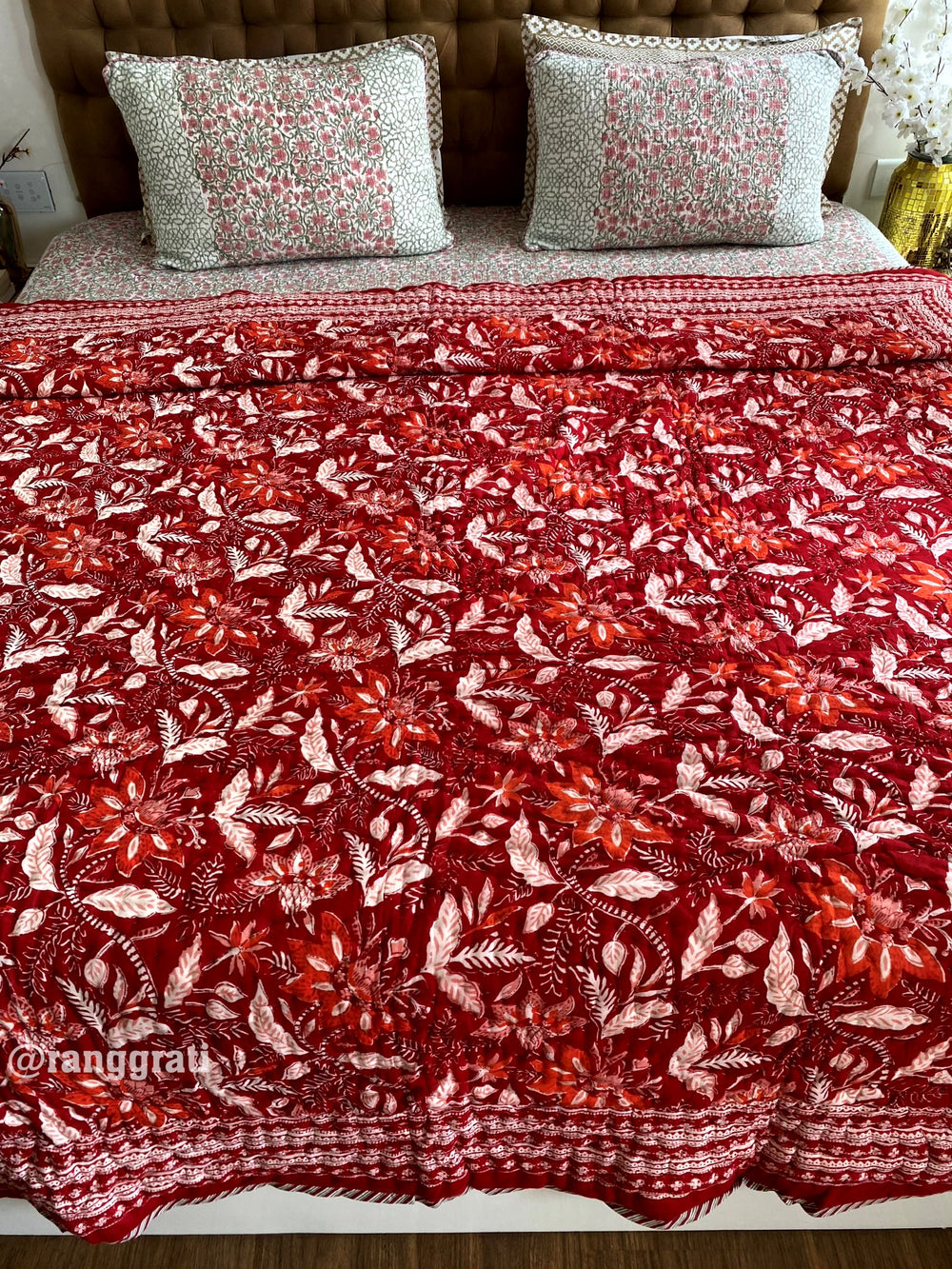 Red Floral Double King Razai / Quilt Cotton Hand Block Jaipuri