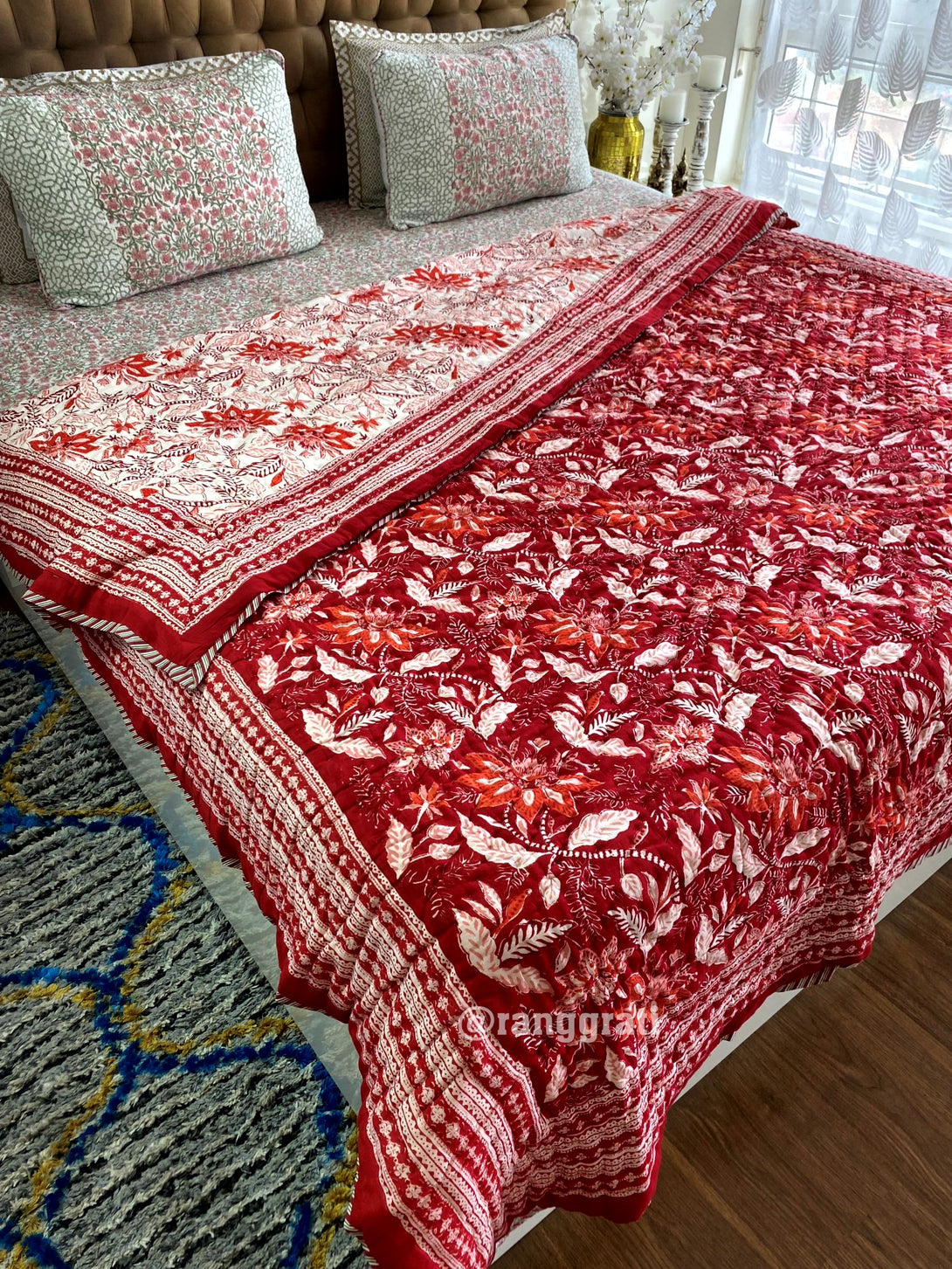 Red Floral Double King Razai / Quilt Cotton Hand Block Jaipuri Reversible