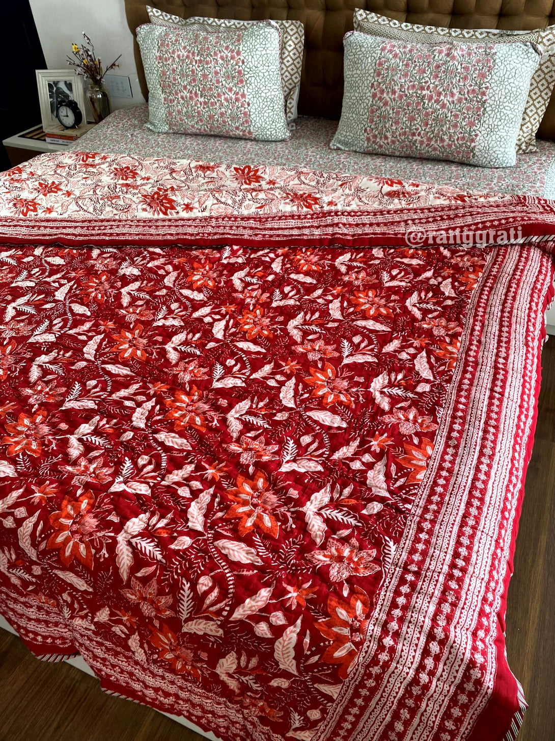 Red Floral Double Razai / Quilt Cotton Hand Block Jaipuri King Size
