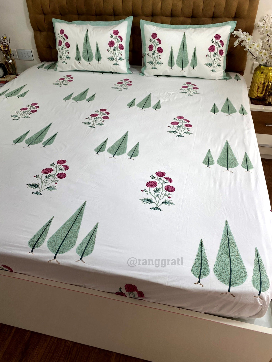 Red Floral Green Pine Cotton Elastic Fitted Bedsheet King Size Hand Block - Bedsheet