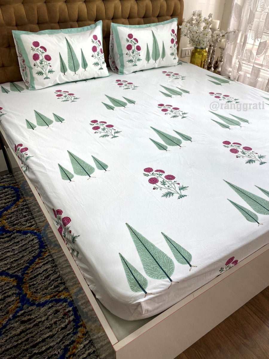Red Floral Green Pine Cotton Elastic Fitted Bedsheet King Size Hand Block