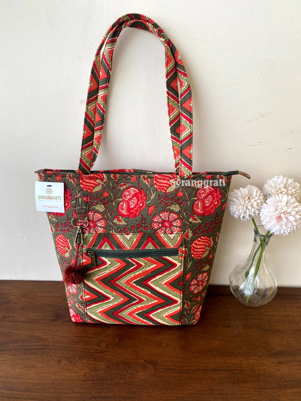 Red Floral Hand Bag Ajrakh Print Hand Block Printed Cotton 