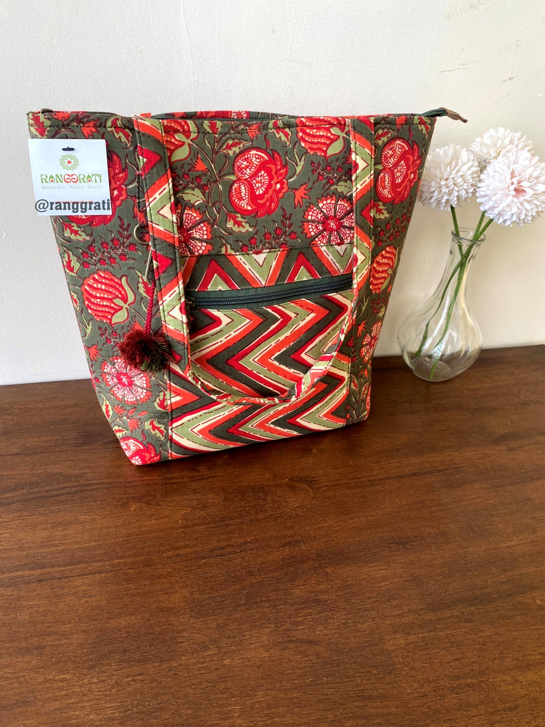 Handcrafted Cotton Handbag – Red Floral Ajrakh Block Print