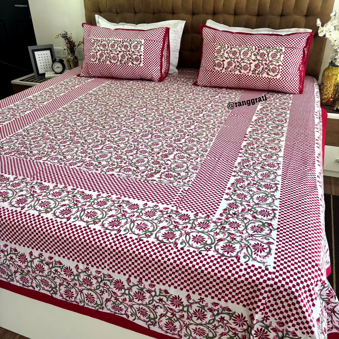 Red Floral Jaipuri Cotton Bedsheet King Size For Double Bed - Bedsheet