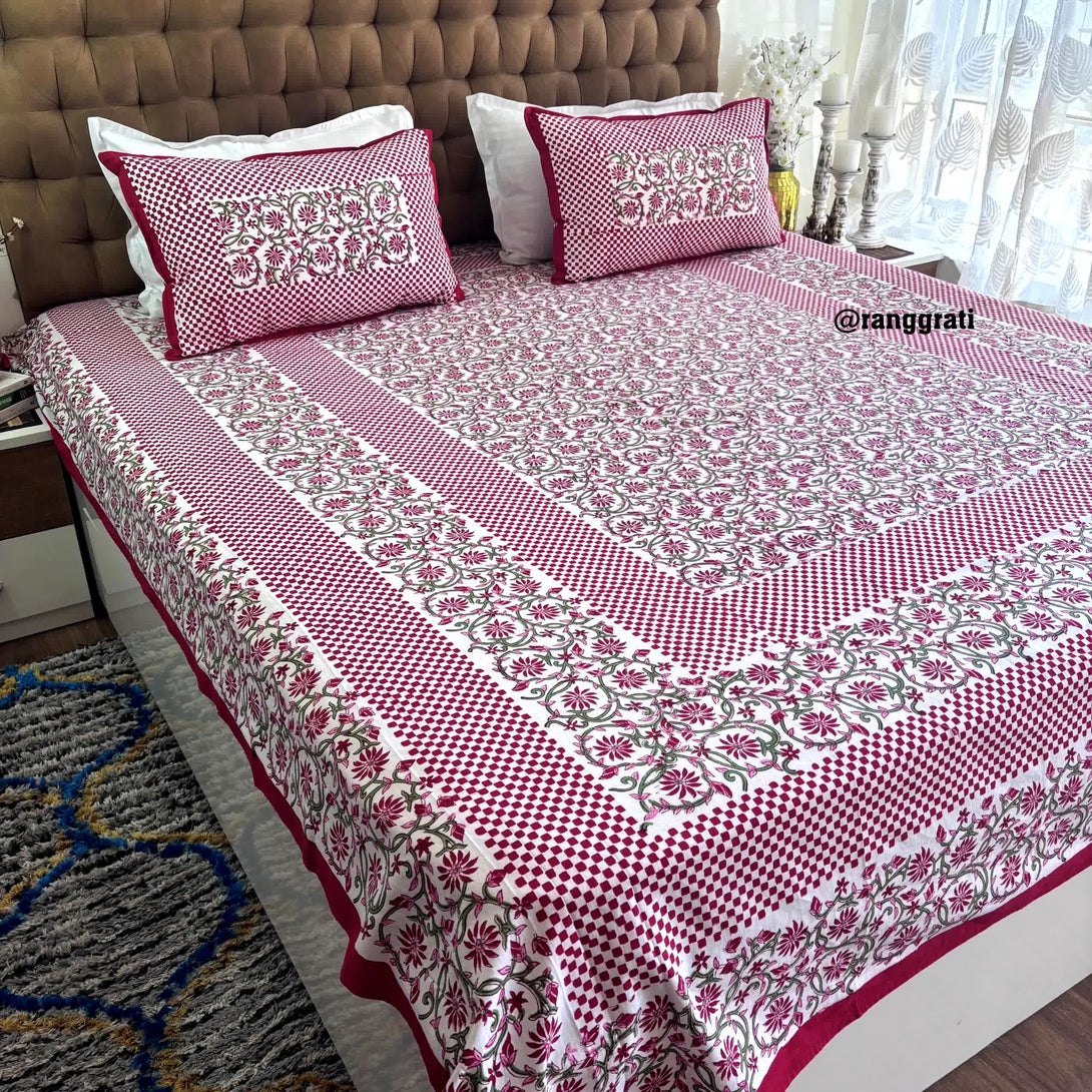 Red Floral Jaipuri Cotton Bedsheet King Size For Double Bed - Bedsheet
