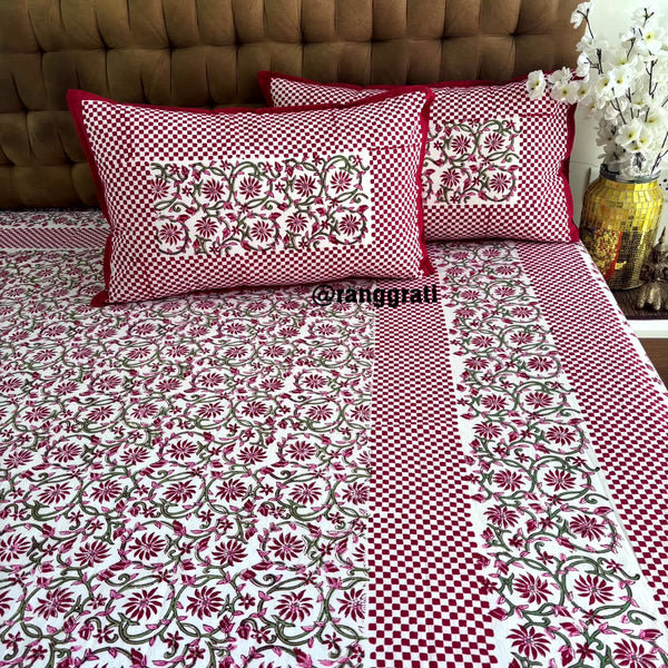 Red Floral Jaipuri Cotton Bedsheet King Size For Double Bed - Bedsheet