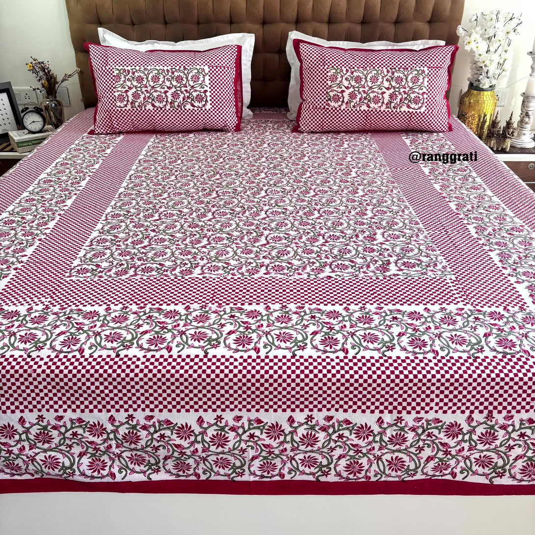 Red Floral Jaipuri Cotton Bedsheet King Size For Double Bed - Bedsheet