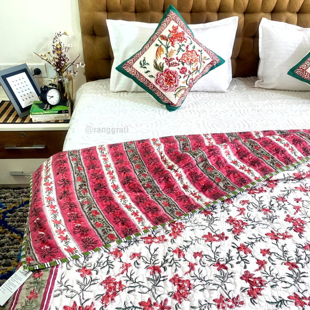 Red Floral Quilted Bed Cover Mulmul Voile Reversible Queen Size - Bedcover