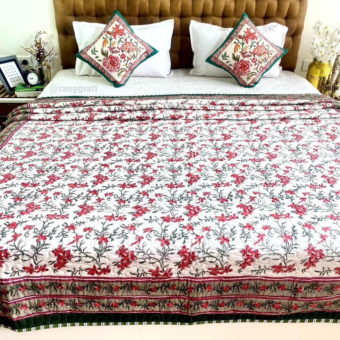 Red Floral Quilted Bed Cover Mulmul Voile Reversible Queen Size - Bedcover