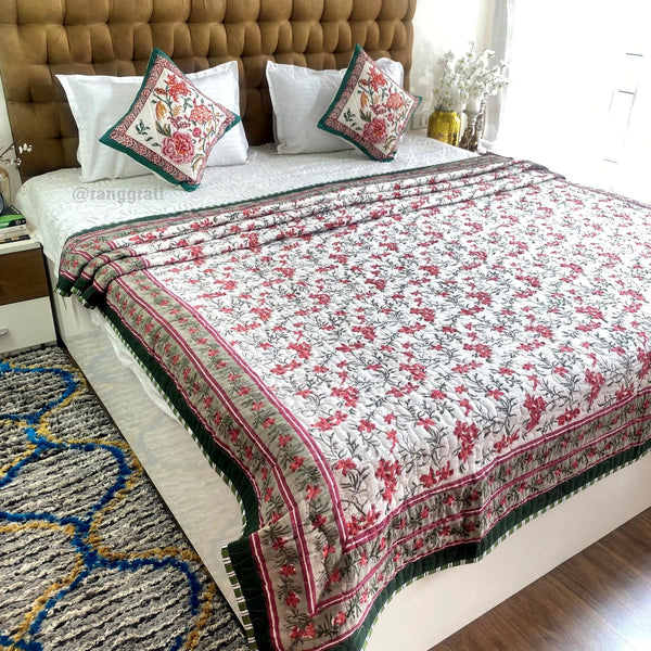 Red Floral Quilted Bed Cover Mulmul Voile Reversible Queen Size - Bedcover